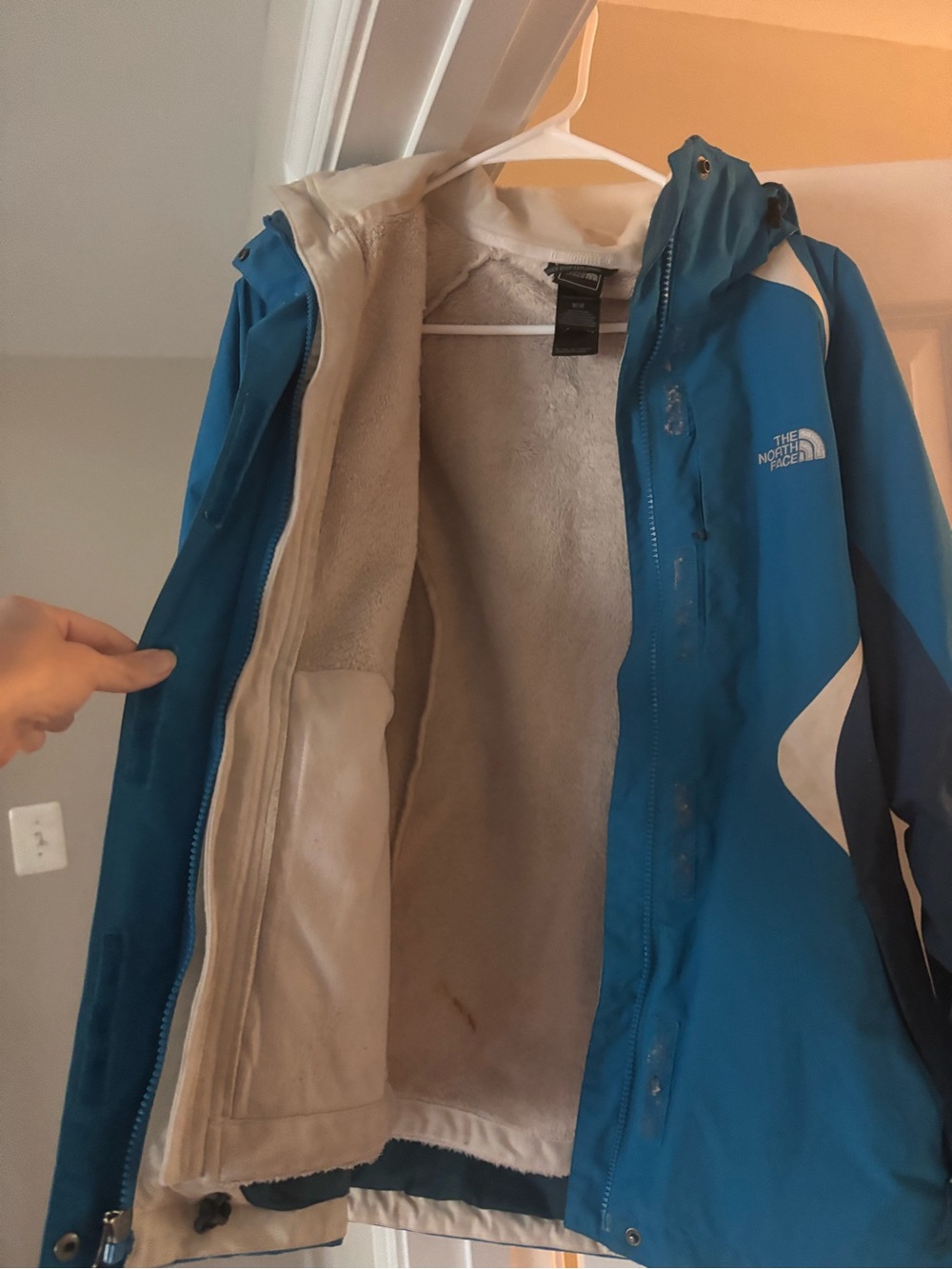 The North Face Blue and White Hooded Fleece-Lined Jacket
